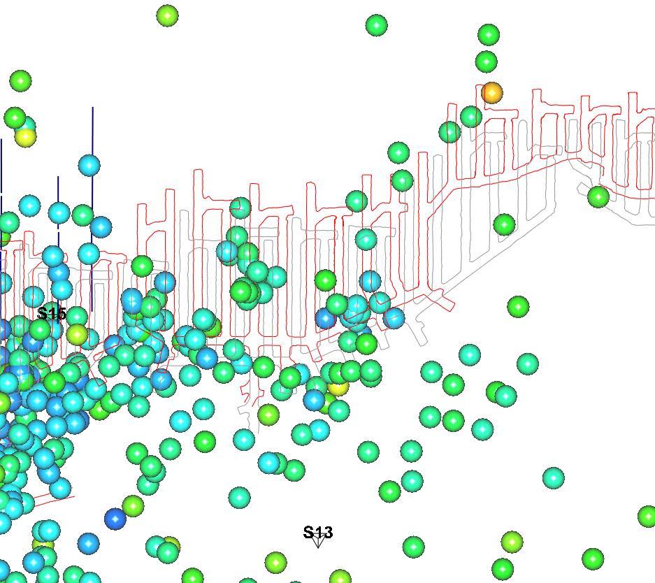 Figur 62: Seismisk aktivitet under brytningssteg fyra nivå 907 m avv. Nivå 935 m avv. är markerat med grå linjer och nivå 964 m avv. är markerat med röda linjer. 5.4 Bergutfall nivå 935 m avv.