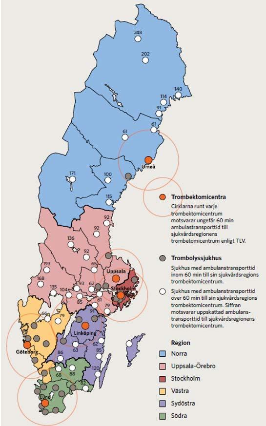 Sjukvårdsregioner med respektive trombektomicentrum & trombolyssjukhus 18