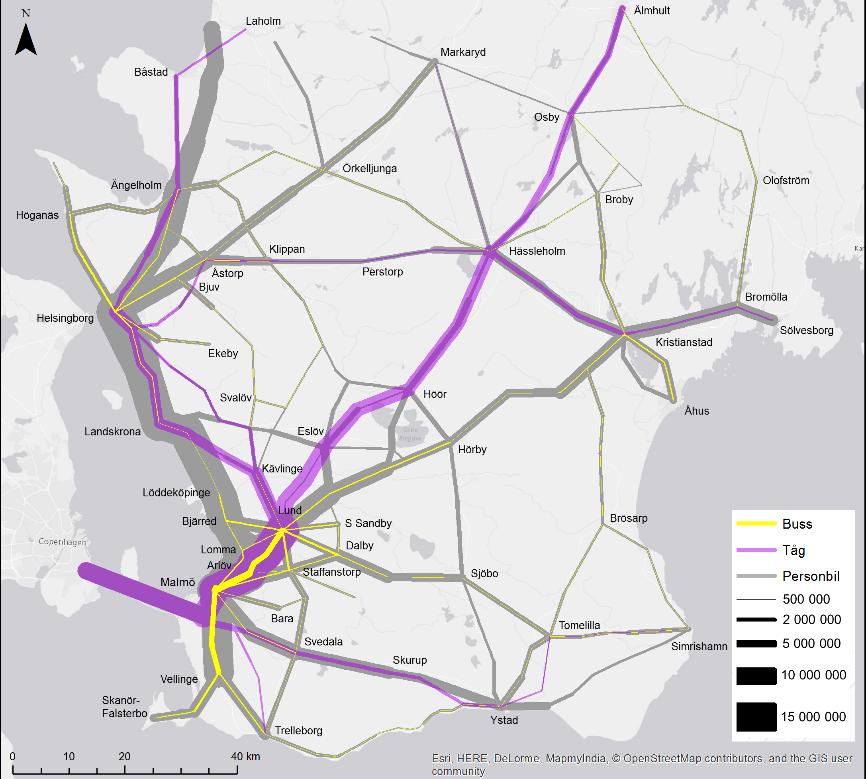 Resandet I dagsläget utförs cirka 58 % av alla personresor i Skåne med bil. Kollektivtrafikens andel är cirka 15 %. De regionala flödena framgår av figuren till höger, uppdelat på bil, tåg och buss.
