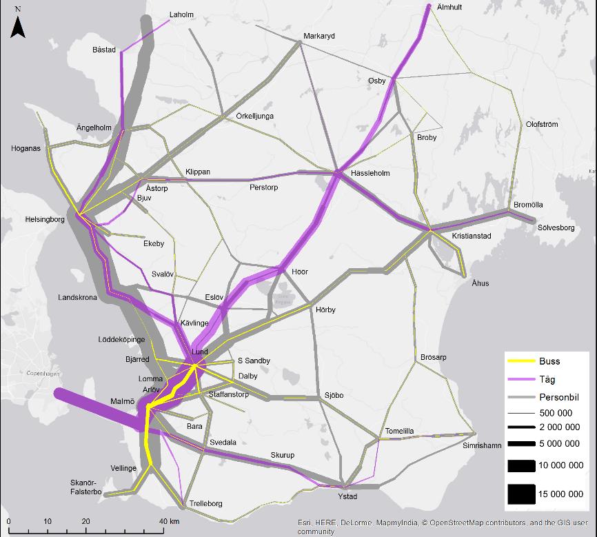 Resandet I dagsläget utförs cirka 58 % av alla personresor i Skåne med bil. Kollektivtrafikens andel är cirka 15 %. De regionala flödena framgår av figuren till höger, uppdelat på bil, tåg och buss.