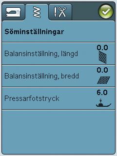 SÖMINSTÄLLNINGAR I fönstret för söminställningar kan du ställa in pressarfotstrycket, samt balansera en söm eller ett knapphål.