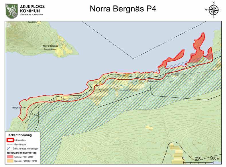 Norra Bergnäs (P4) Motiv Förtätad bebyggelse i attraktivt läge för att upprätthålla ett ekonomiskt och personellt underlag för kommersiell och offentlig service. Bebyggelse för fritidshusturism.