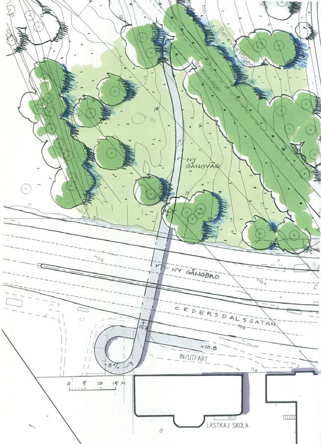 Gång- och cykeltunnel I samtliga förslag finns möjlighet att förbinda gångtrafik planskilt över Cedersdalsgatan mot Bellevueparken med hjälp av en gångbro.