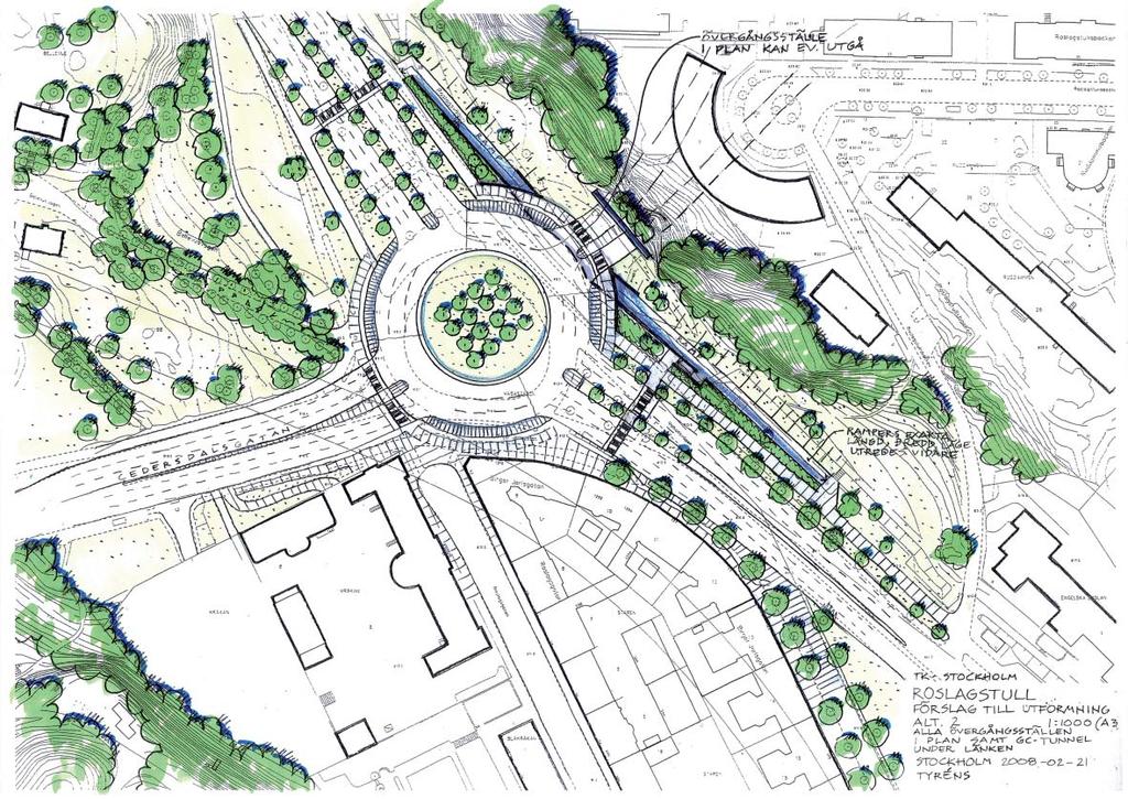 ROSLAGSTULL ALTERNATIV 2 RONDELL MED GÅNG- OCH CYKELÖVERFARTER I PLAN OCH GC-TUNNEL UNDER NORRA LÄNKEN Som alternativ 1, men med en GC-tunnel under Norra länken Ramp mot Roslagsvägen blir 80 m och