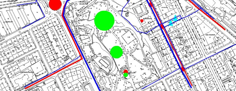 Markera skolvägen med blått. Skolan och eleverna använder sig flitigt av Bellevueparken och behöver då korsa den mycket trafikerade Cederdalsgatan.