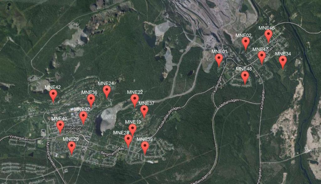 Figur 10 Mätpunkter för nedfallande stoft i Malmberget och Koskullskulle.