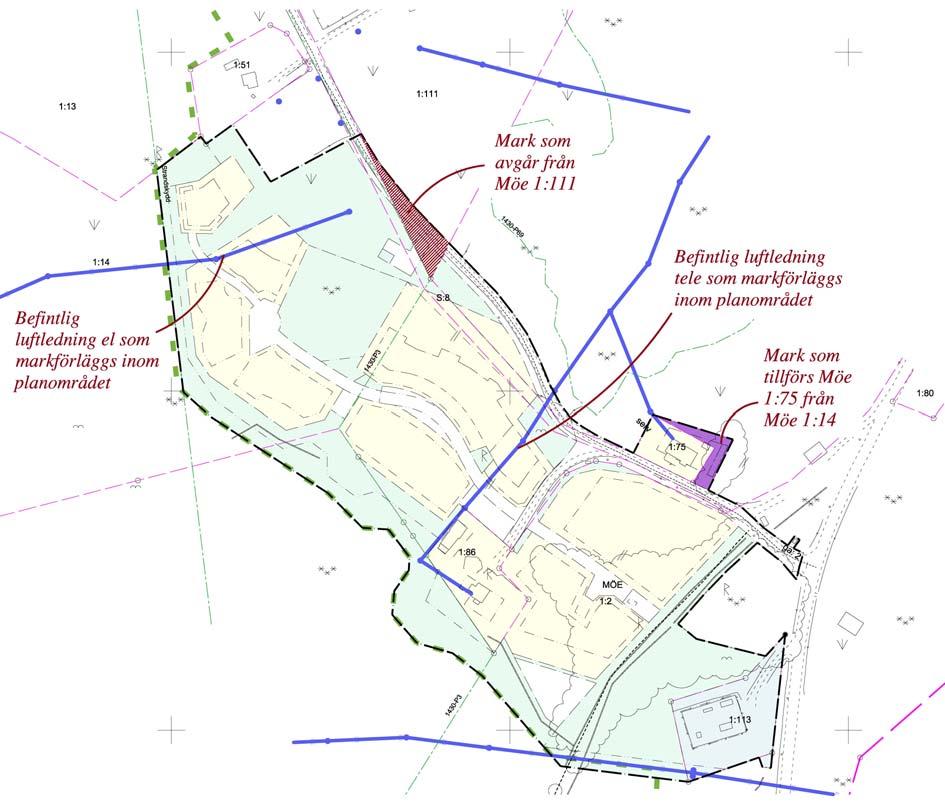 Munkedals kommun 3(6) Utdrag ur grundkarta med nuvarande fastighetsindelning (konturer av nya gränser illustrerade) Befintliga luftledningar förtydligade.