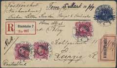 5051K 54 Tio st. brevkort med 10 öre, sända till Schweiz. Bl.a. reliefkort. (10). * 200:- 5052K 54 Tio st. brevkort med 10 öre Oscar sända till utlandet, bl.a. till Belgien och Ryssland.