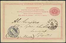 6215K bke21 Brevkort 10 öre stämplat PKXP 113A (Krylbo-Mjölby) 19.1.1921 till Bolivia. Ankomststämplat TUPIZA BOLIVIA 22.2.21. Kortet med hörnveck och litet riss.
