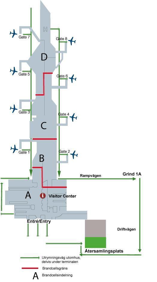 2015-04-21 3(6) Återsamlingsplats för terminalen Som återsamlingsplats vid utrymning av terminalen används parkeringsplan för biluthyrare i P-huset byggnad 62.(Plan 1,2 och 3).