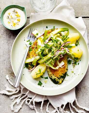 vego v 36 Piccata på zucchini med sparris- och fänkålssallad cirka 40 min a c Näringsinnehåll/portion: Energi: 3336 kj/ 797 kcal. Protein 21,3 g. Fett 42,1 g. Kolhydrater 78,8 g.