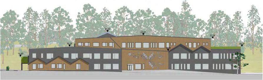 För att inte den nya skolan skall kännas för stor föreslås att volymen bryts