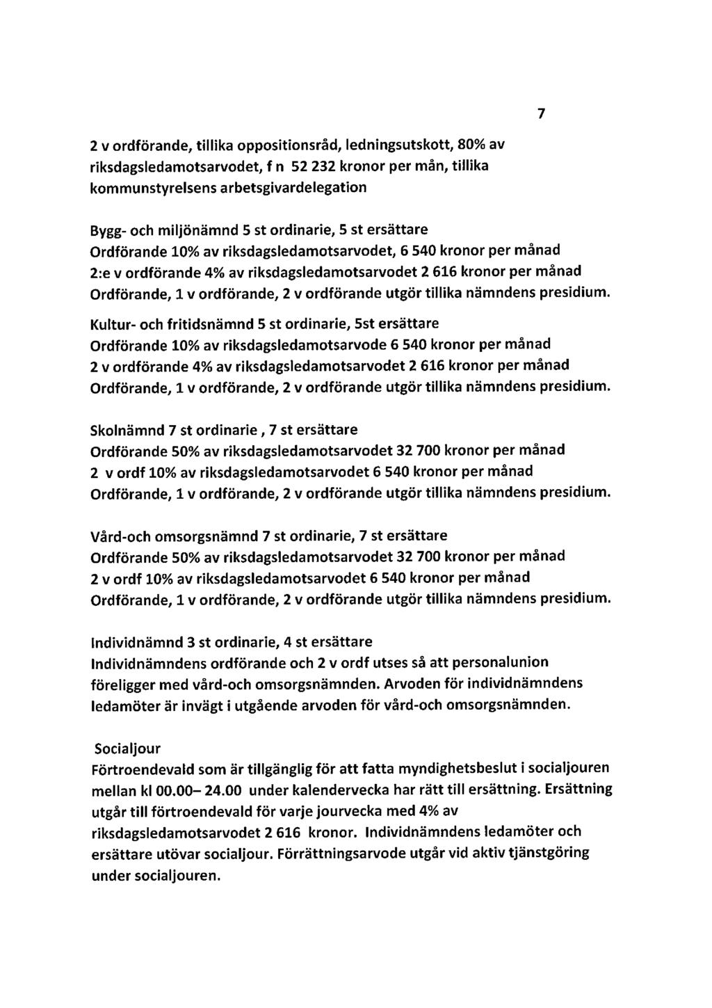 7 2 v ordförande, tillika oppositionsråd, ledningsutskott, 80% av riksdagsledamotsarvodet, f n 52 232 kronor per mån, tillika kommunstyrelsens arbetsgivardelegation Bygg- och miljönämnd 5 st