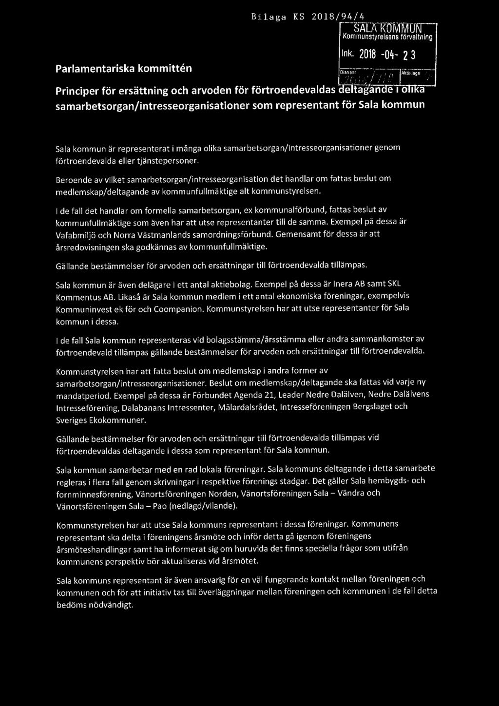 Parlamentariska kommittén Bilaga KS 2018/94/4 ALA Kommunstyrelsens förvaltning l k- 2018 04 2 3 Diarienr firm a........... för ff?