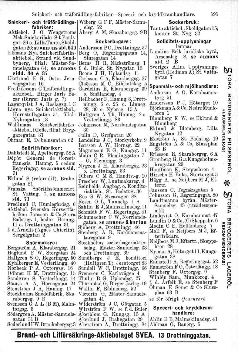 Snickei- och täföädlingsfabike-specei- och kyddkahandlae. 595 Sniokei- och.täfädlings- Wibeg G F F, Mäste.sau-I Sockebuk:. fabike... o elsg. 52 'I'anto aktiebol., Sköldgatan 15; Aktiebol.