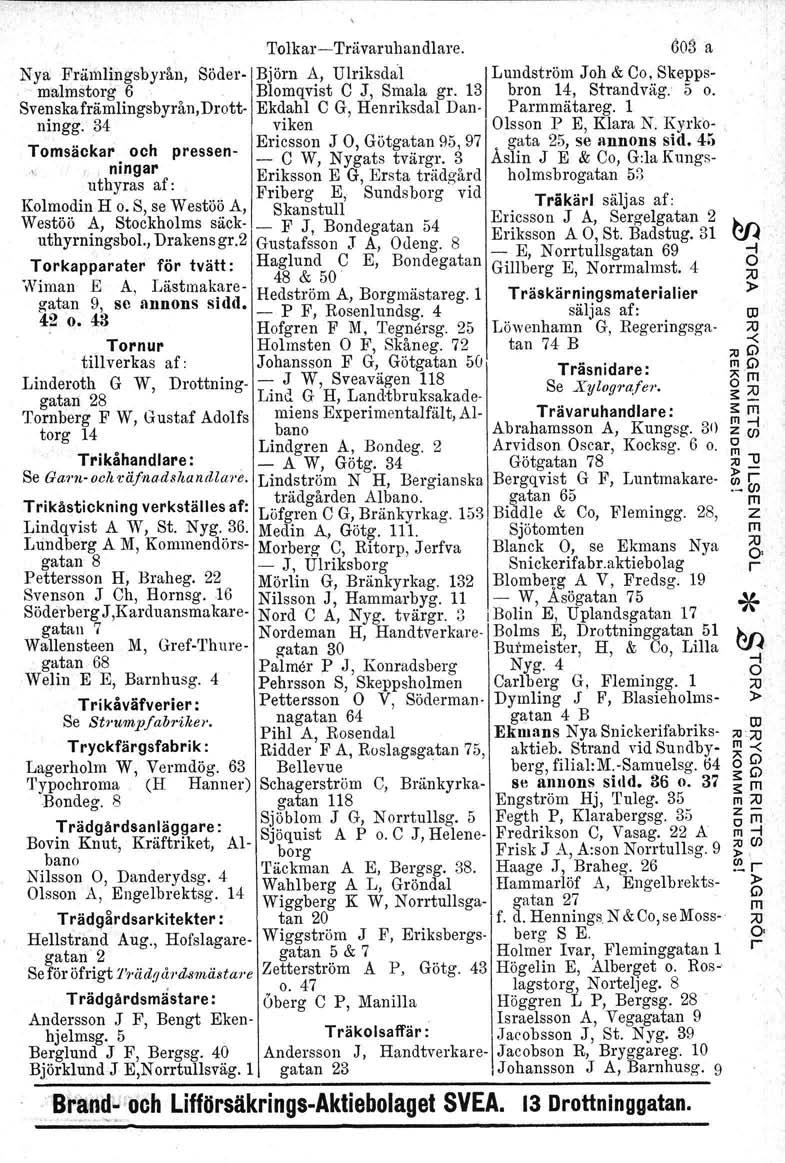 Tolka-Tävauhandlae. 603 a Nya. Fälingsbyån. Söde- Bjön A, Uliksdal ILundstö Joh & Co, Skeppsalstog 6 Bloqvist C :f, Sala g. 13 bon 14, Standväg: 5 o. Svenskafälingsbyån.