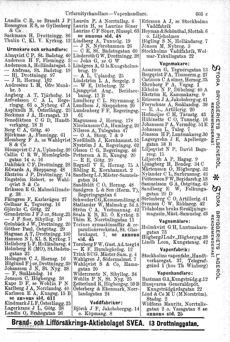 Uful'l1ityhandlae-Vapenhandlae. 603 c Lundin, C,R" se' Bandt J P Lanen P, A Notullsg. 6 Eicsson A J, se Stockhols Rosengen E S, se Gyllenbeg Lauin H, se Lauins Söne Vaddfabik & Cp",',.
