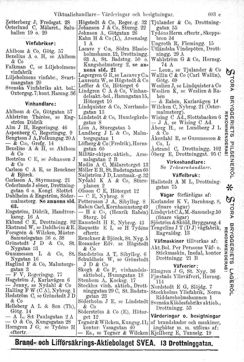 Viktualiehandlae- Vädeinga och besigtninga, 603 e ettebeg J", Fedsgat. 28 Högstedt & Co, Rege.-g. 32 Tjulande & Co, Dottning- Östelund C, Mälaet., Salu- Johanson J & Co, Stueg.