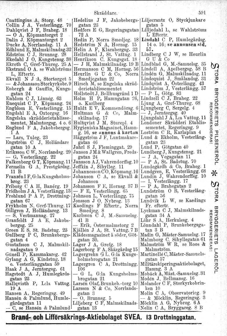 Skäddae.:, Styckjunkae.Cnattingiua.A, Sto. 48 Hedelius J F, Jakobsbegs- Liljecantz Collin J Å, Vestelangg. 70 gatan 23 gatan 5 Dahlqvist J F, Baheg.