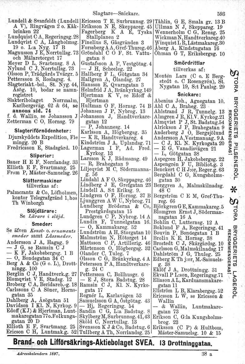 Slagtae-Snickae. 593 Lundell.zsSvanfeldt (Lundell Eicsson T E, Subunnsg. 29 Tåhlin, G E, Sala g. 13 B A V), Ringvägen 2 o. Kåk- Eiksson N E, Skeppaeg. 45 Ullan N J, Skeppaeg.