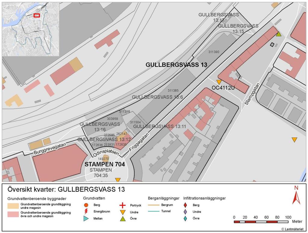 3 Grundvattenförhållanden I friktionsjordlagret under leran finns ett undre grundvattenmagasin. Aktiva och inaktiva grundvattenrör visas i Figur 2.