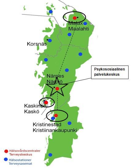 Figur 7. Placeringen av det psykosociala servicecentret inom K5-området.