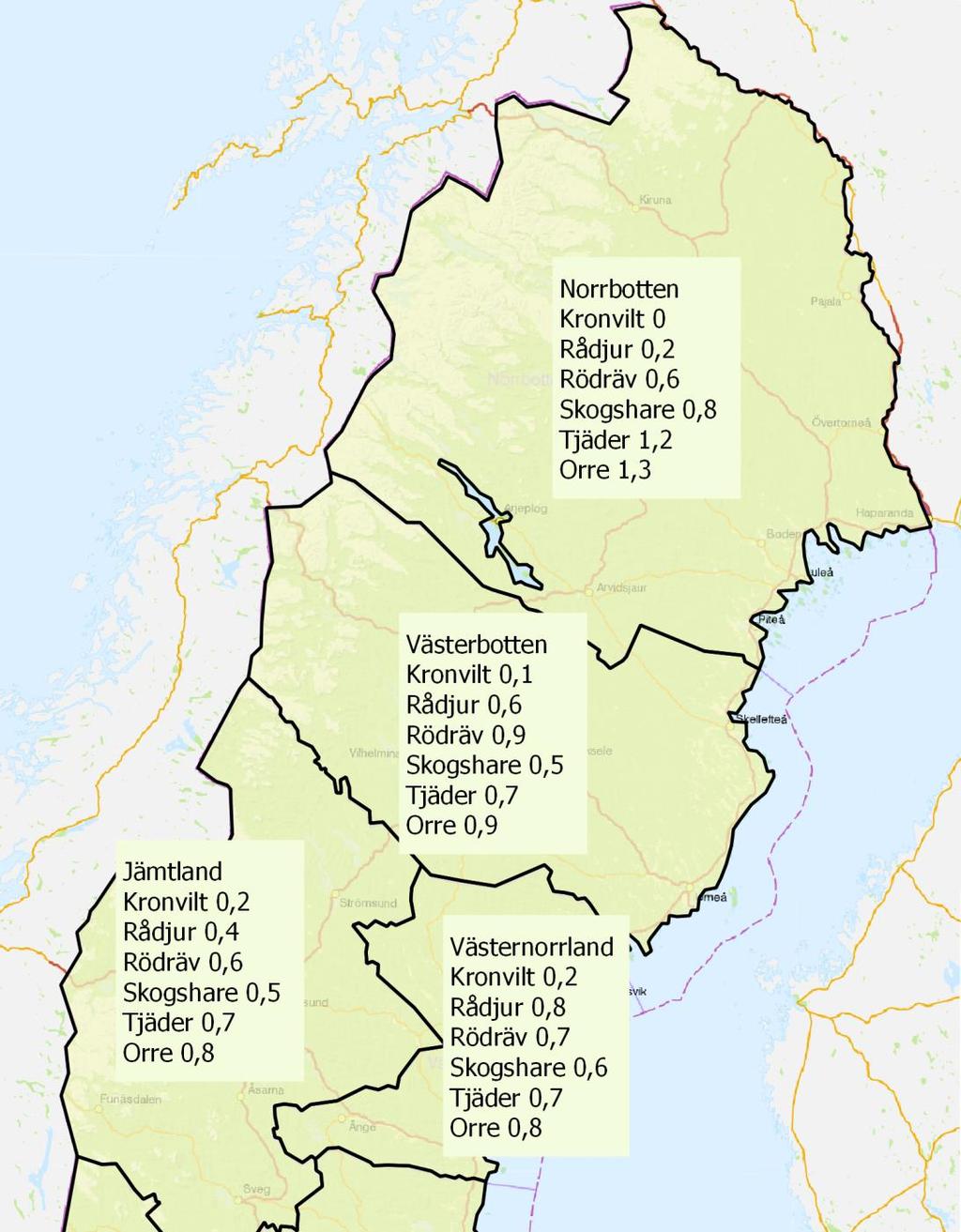 Avskjutning av de mest populära viltarterna (ej älg) i Västerbotten och närliggande län Det är stor variation i förekomst av olika arter inom de fyra nordligaste länen.