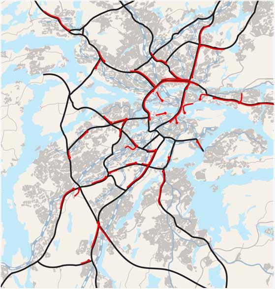 Rödmarkerade avsnitt bedöms som särskilt högt belastade spårsträckor år 2030, enligt SL:s pågående analysarbet.