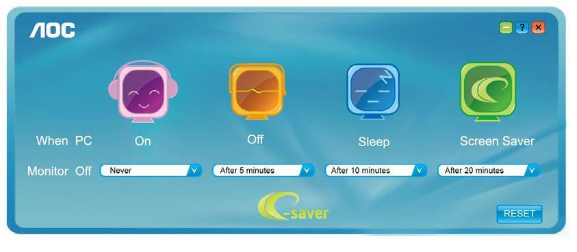 e-saver Välkommen att använda AOC:s energihanteringsprogramvara e-saver för skärmen.