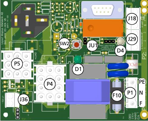 S 27200-19 -HS och BAS BAS 27300-19 -HS - VÄND Lastutgång 2: J18 Endast för tillvalskort T/BAS JFI BAS 27200-19 -HS och BAS 27300-19 -HS D1 LED Elnätsindikering JU1 Jumper för justering av larmnivå.