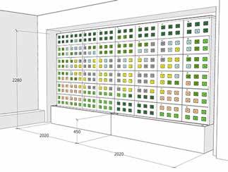 Nedan: Green City Wall baseras på ett system med växtkassetter som planteras med 6 plantor/kassett.