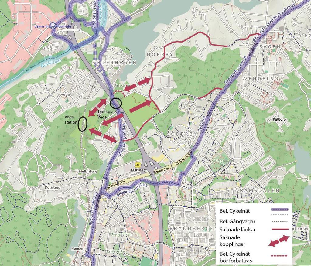 4. Gång och cykel Figur 13. Nuvarande och föreslaget cykelnät. Källa Open Streetmap. Kartan visar befintligt cykelnät samt föreslagna och planerade länkar.