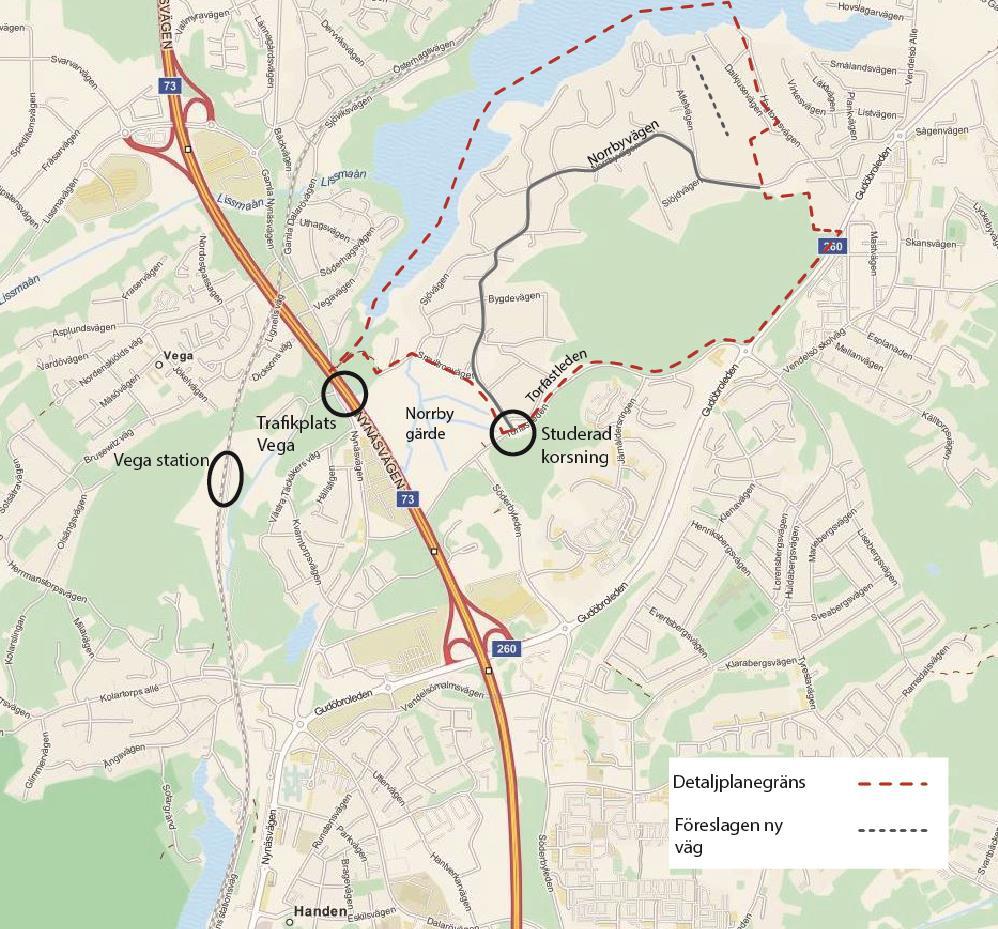 Norrby gärde Planområdet Norrby gärde omsluts av Nynäsvägen, trafikplats Vegas ramper och Gudöbroleden.
