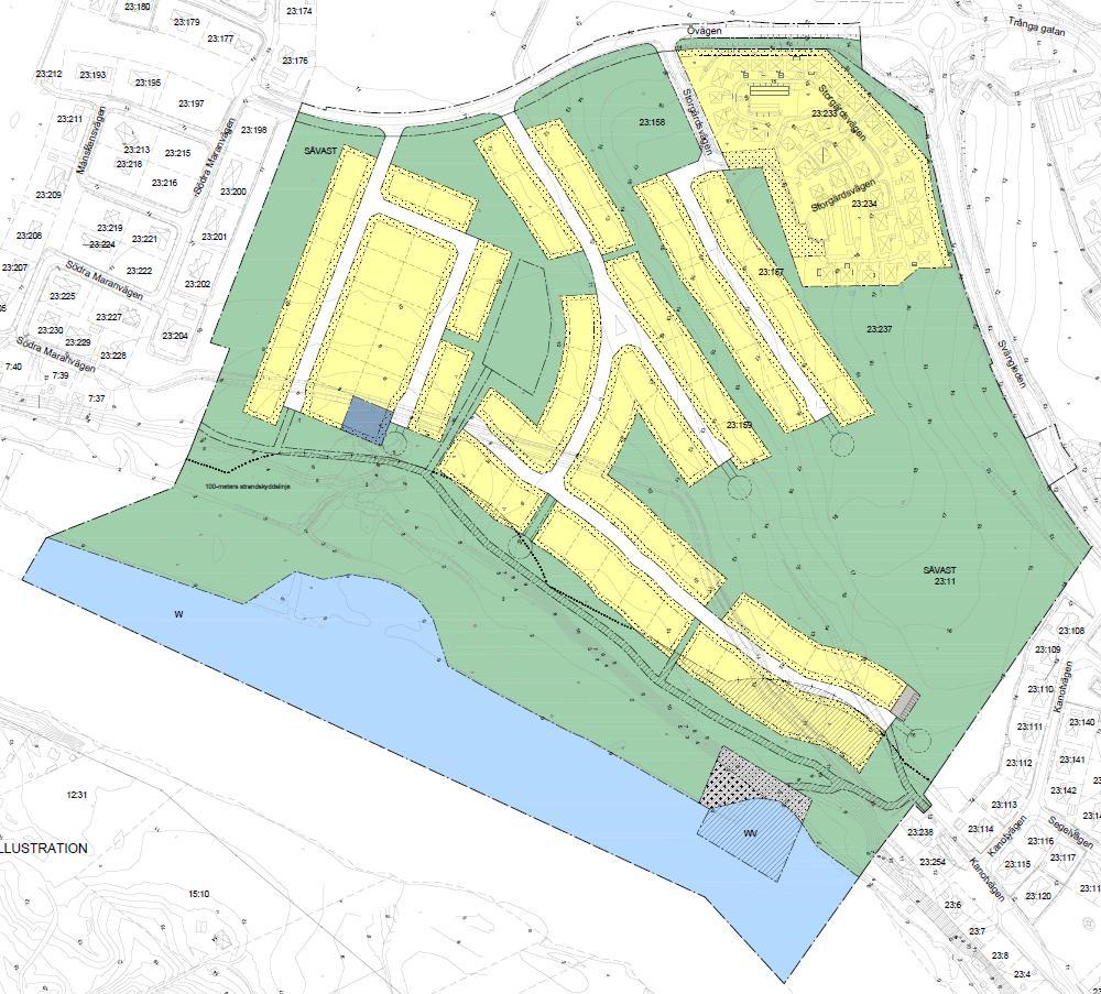 Figur 15. Aktuellt planförslag där mark som gulmarkerats medger ny bostadsbebyggelse och mark som grönmarkerats medger natur och lek.