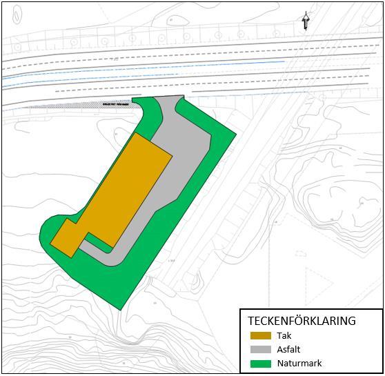 Figur 5: Planerad markanvändning över planområdet Tabell 5 nedan framgår framtida markanvändning med motsvarande avrinningskoefficienter.