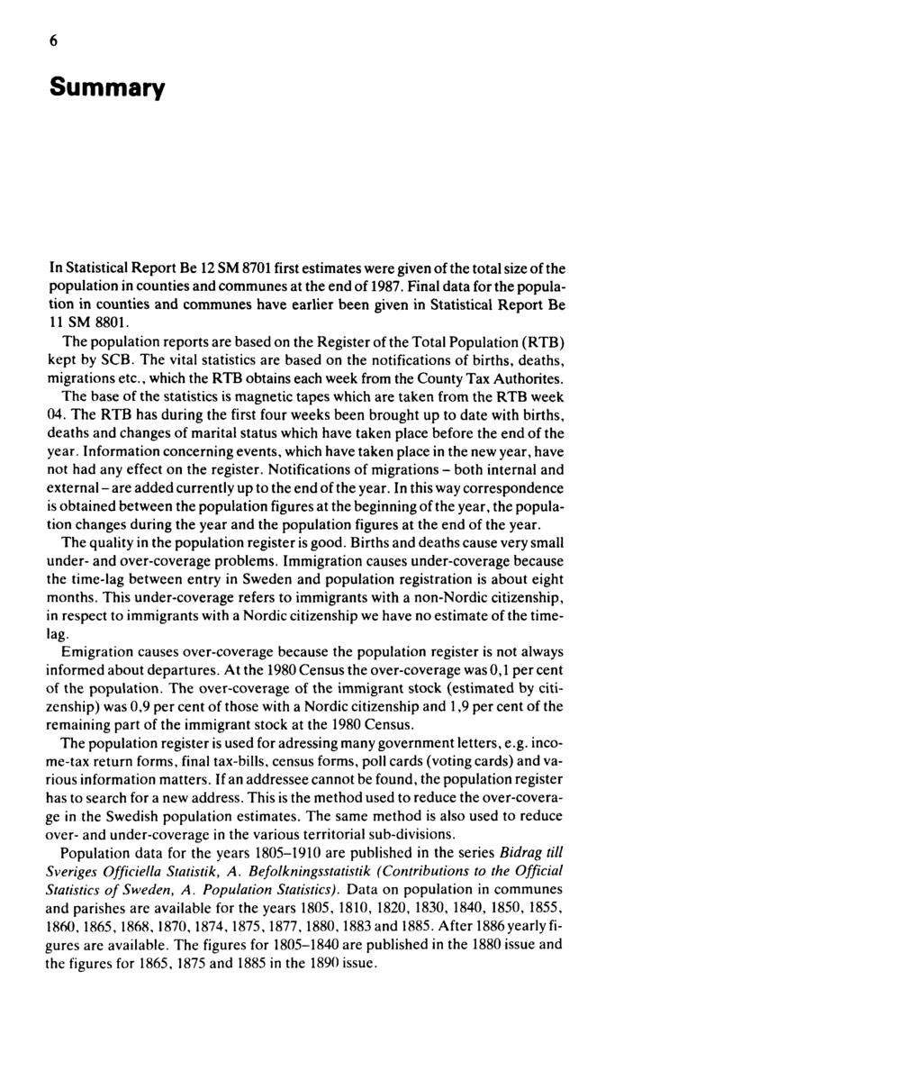 6 Summary In Statistical Report Be 12 SM 8701 first estimates were given of the total size of the population in counties and communes at the end of 1987.