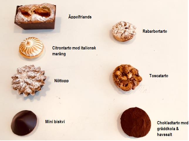Äppelfriands 30kr Citrontarte med italiensk maräng 32kr Nöttopp 25kr Mini biskvi 25kr Rabarbertarte på