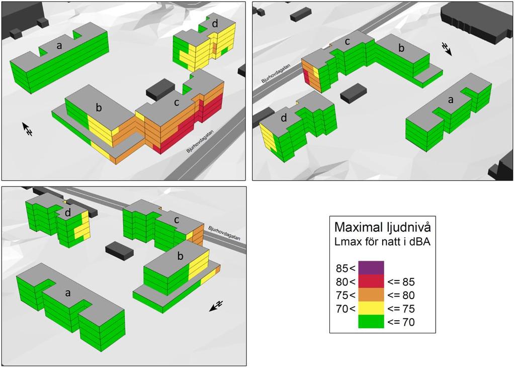 Ekvivalent ljudnivå 1,5 meter över mark blir högst 50 dba på ljuddämpad sida för samtliga hus.