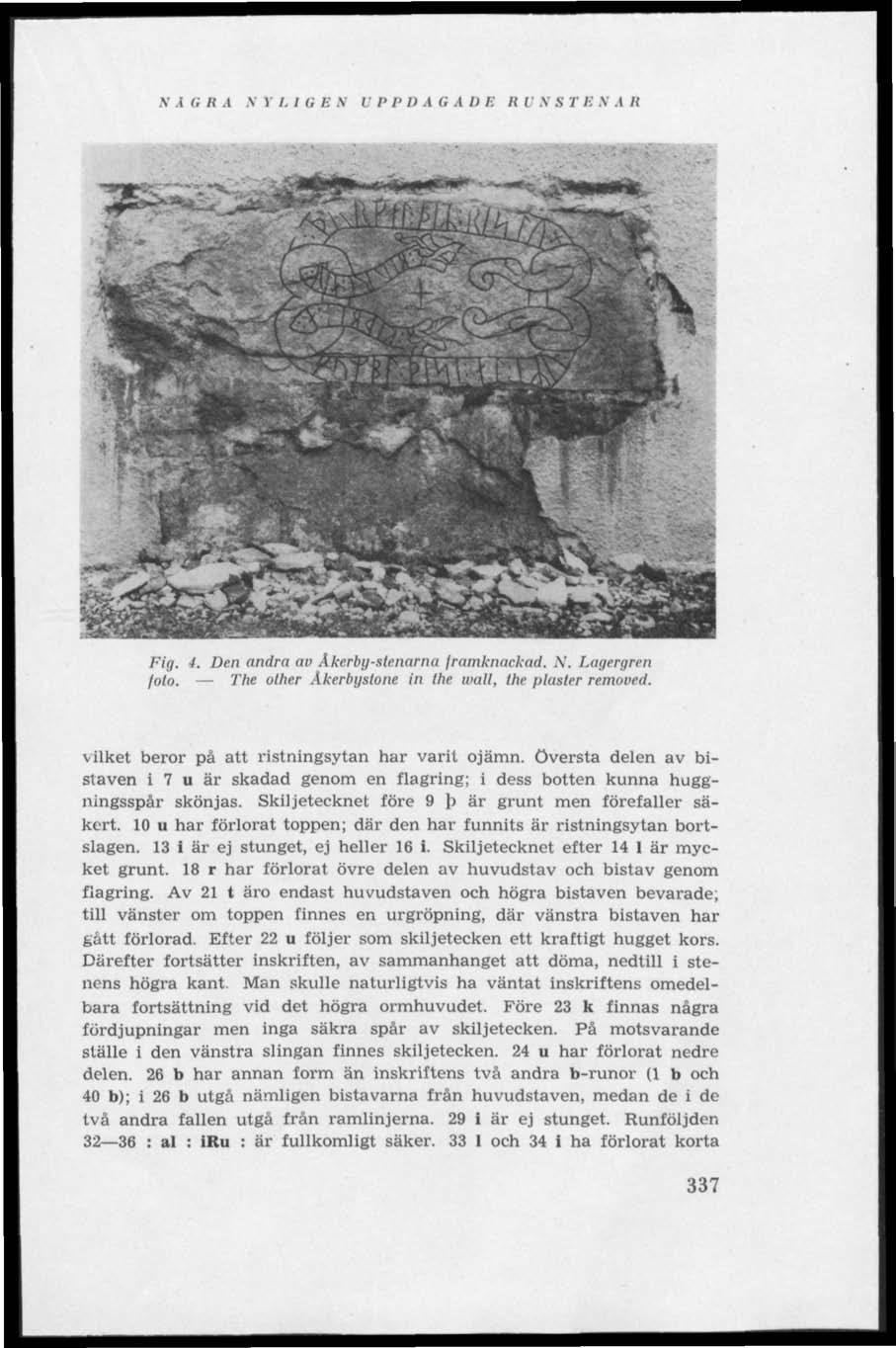 V i G It A V 1 /, / (, Ii N U P P D A G A D E RU V C T E N A R Fig. 4. Den andra av Åkerby-stenarna framknackad. N. Lagergren foto. The other Akerbystone in the wall, the plaster removed.
