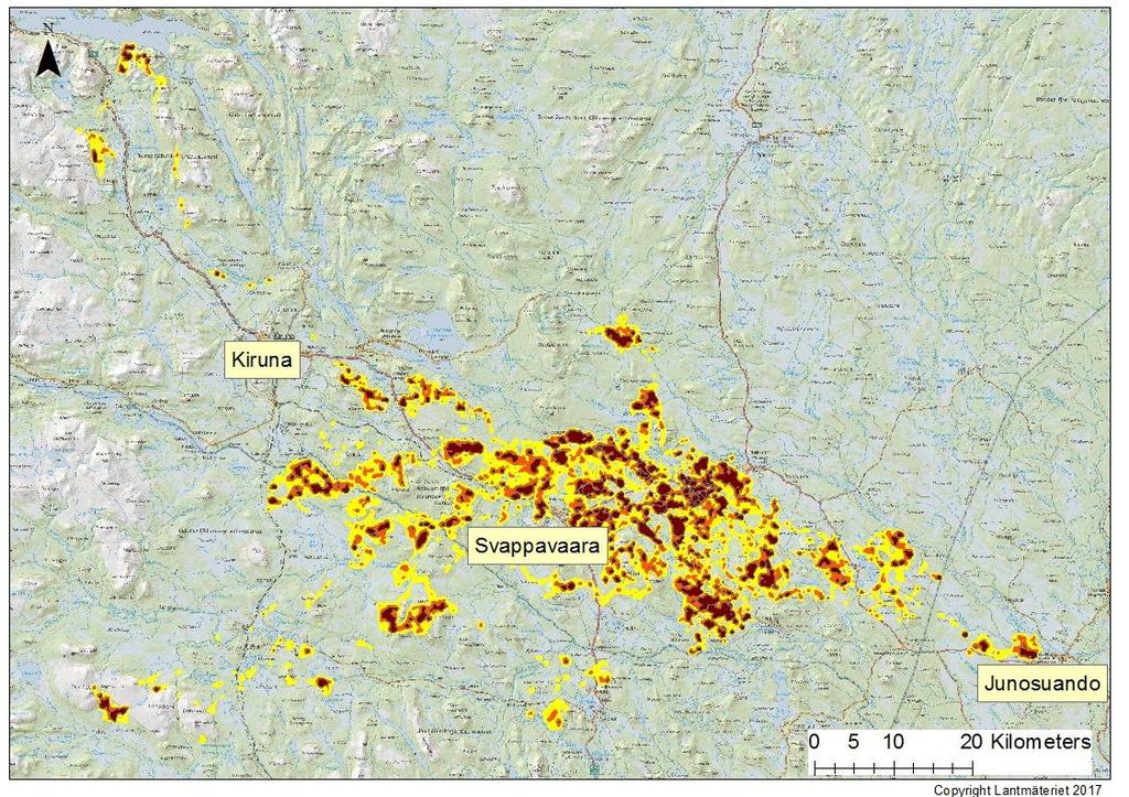 Figur 4. Helårsområden för GPS-märkta älgar i Svappavaara 2016/2017. Mörkare områden visar kärnområden som nyttjas mest under året.