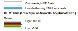 Figur 3-1 Topografisk höjdmodell (DEM) med upplösning 10 m. Blåa linjer markerar huvudvattendragen inom modellområdet. Avrinningsområdet har delats upp i 49 delavrinningsområden.