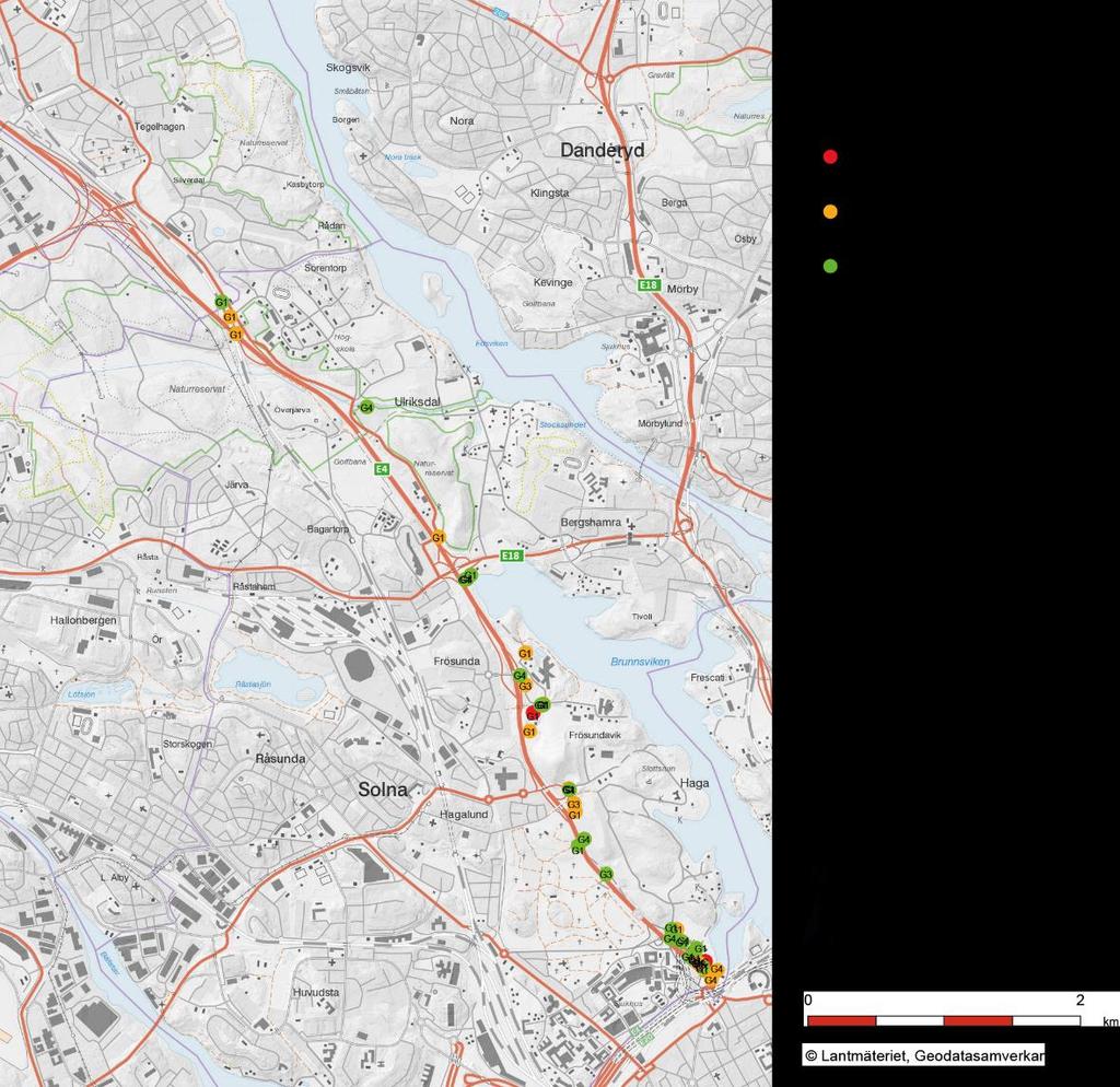 På östra sidan om E4 utmed sträckan Norrtull till trafikplats Kista har det inträffat 46 olyckor i närområdet där cyklister varit inblandade de senaste fem åren. Figur 4.1.