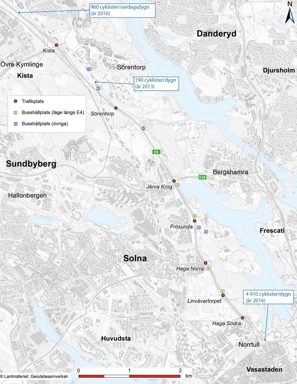 underlag för lokalisering av regionala cykelstråk. I samband med detta gjordes också en inventering av de regionala cykelstråken längs nationella vägar (E4, E18 och E20).