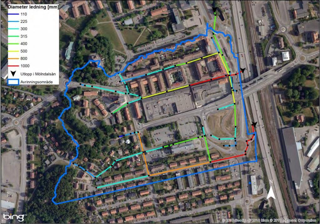 PM Figur 3.2 Avrinningsområde där Kv Kungsfisken (markerad med röd ring) är en del. Det område som skall avvattnas utgörs således till största del av takytor, till viss del med Sedumtak.