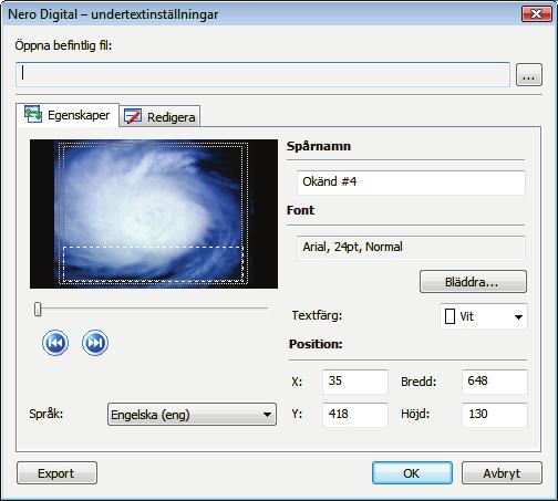7.5 Undertextinställningar för Nero Digital Omkoda en DVD till Nero Digital I fönstret Undertextinställningar för Nero Digital kan du skapa dina egna undertextspår.