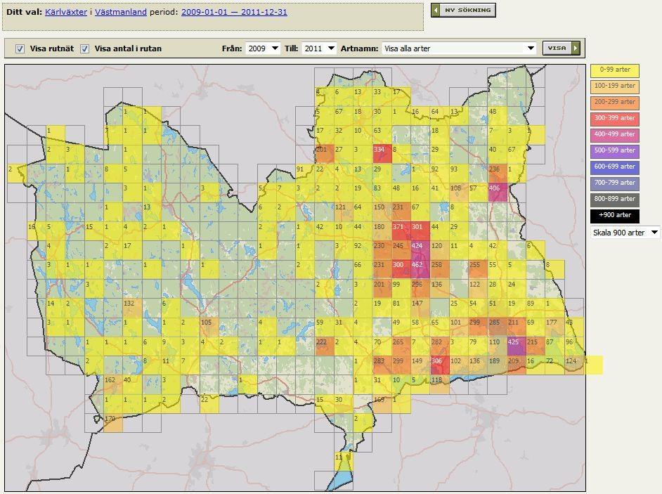 Botaniska Föreningen i Västmanlands län (BFV) 4 Figur 3 Antal observerade taxa per 5x5 km ruta i landskapet Västmanland under 2009-2011. Uttag från Artportalen gjort 2012-03-24.