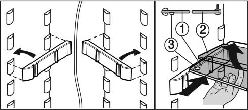 16 u Glashyllan med stoppkant (2) skall ligga baktill. u Glasplattan (1) med utdragsstopp ska vara placerad framtill så att stoppen (3) pekar nedåt.