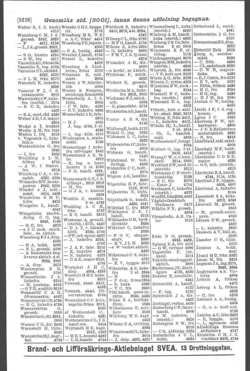 [5238] Genomläs sid. {3001J, innan denna afdelning begagnas. Walter S, f. d. kusk Wersen O GJ, byggn. Whitlock S, änkefru Wimmelberg L, änka Zetterlund L, 4010 rit. 3776 3410,3818,4st. 3884, (sterbh.