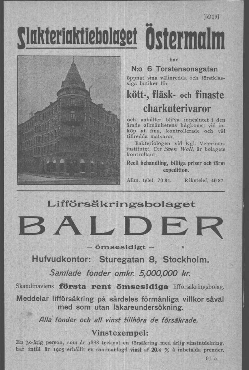 Slakteriaktiebolatet [5219J Östermalm har N:o 6 Torstensonsgatan öppnat sina välinredda och förstklassiga butiker för kött-, fläsk- och finaste charkuterivaror och anhåller blifva inneslutet i den