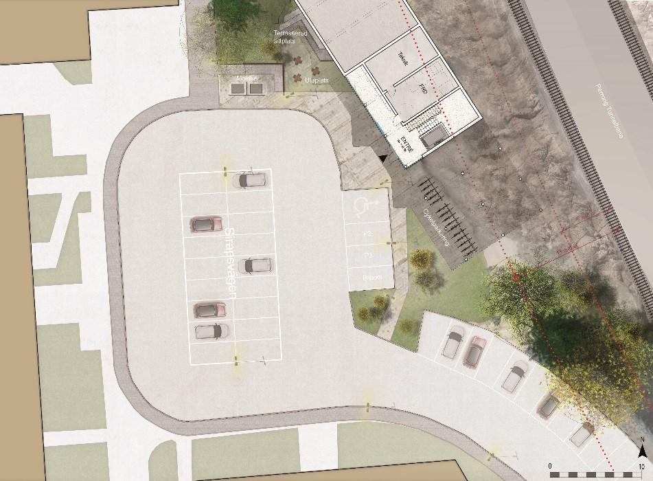 Bild: Arkitektstudio Witte Bil- och cykelparkering Framför entrén skapas en entréplats med fyra parkeringar (varav en